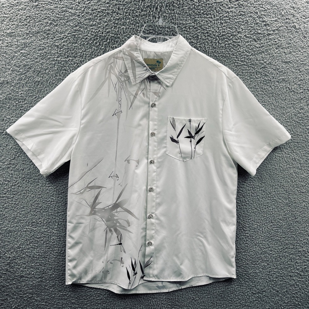 Mens Hawaiian Bamboo Aloha Shirt L Tropical Camp Resort Beach Vacation Button Up